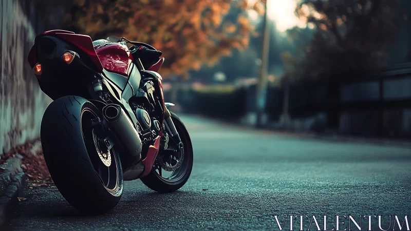Red sport motorcycle at dusk on empty suburban street.