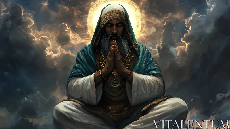 Mystic sage in celestial meditation before luminous halo.