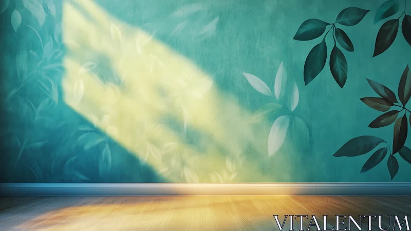 Sunlit botanical wall casts diffuse leaf shadows onto floor