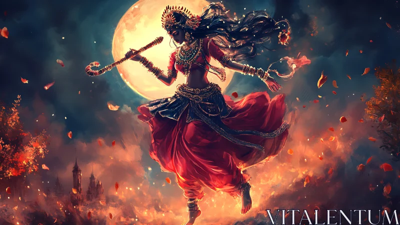 Moonlit fire dancer whirls through petals and stormlight.