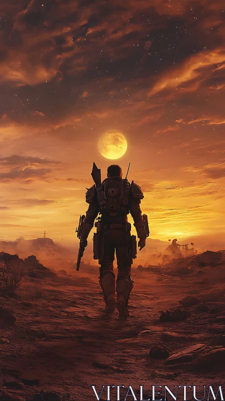 Armored space soldier walking across a red desert at dusk.