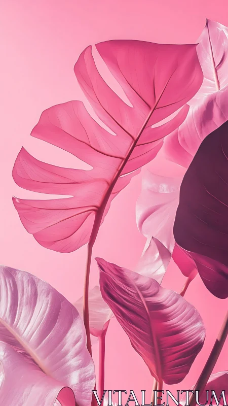 Pink tropical leaves against soft monochrome background.