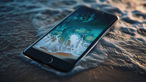 Smartphone rests in surf as digital waves mirror reality.