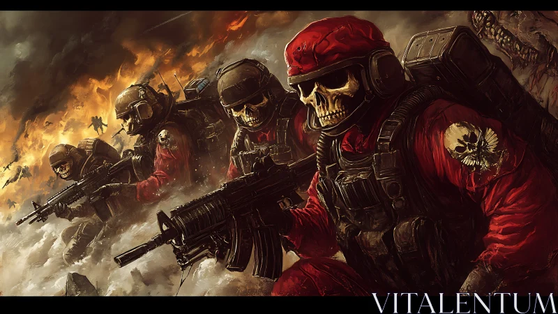 Skull-helmed shock troopers surge forward through burning dusk