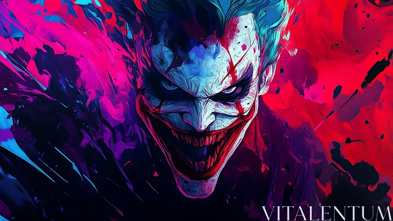 Grinning chaos erupts from neon shadows in jagged color storm