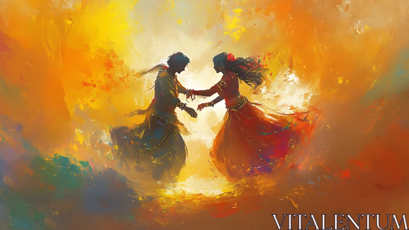 Luminous Embrace: Figures Merge in Golden Chromatic Flux.