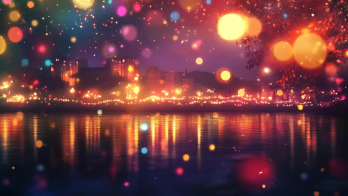 Glowing riverside city lights sparkle gently across the water