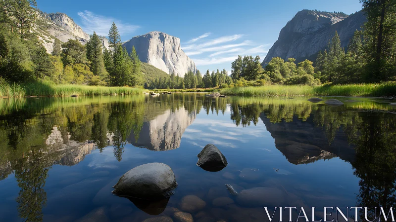 Mountain valley river mirrors granite cliffs in calm sunlight