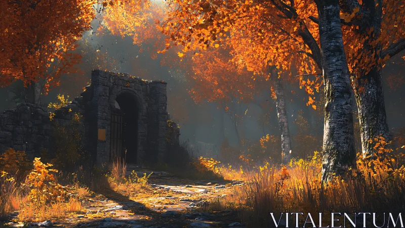 Autumnal Archway: Tonally Orchestrated Foliage and Monumental Masonry.