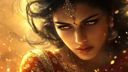 Digital portrait depicts woman in ornate attire with warm bokeh