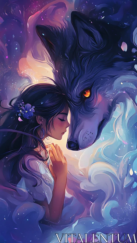 Girl and spirit wolf share a luminous, dreamlike connection