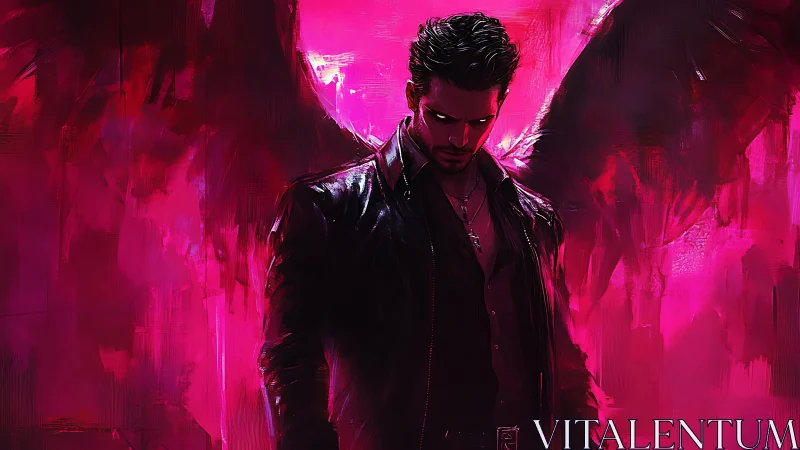 Dark-winged antihero amid neon pink inferno glow.