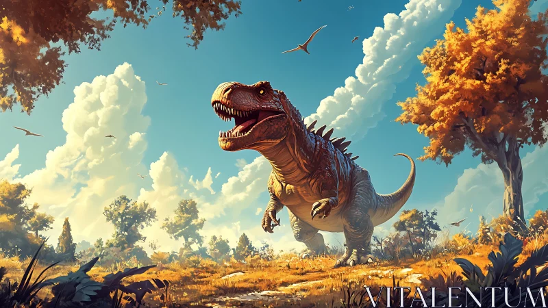 Joyful T. rex strides through a sunny, golden prehistoric valley