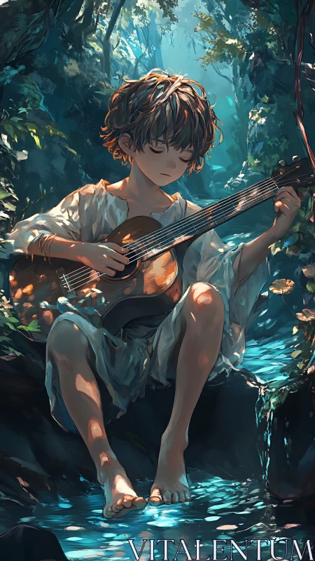 Young guitarist sits by forest stream in soft dappled light.
