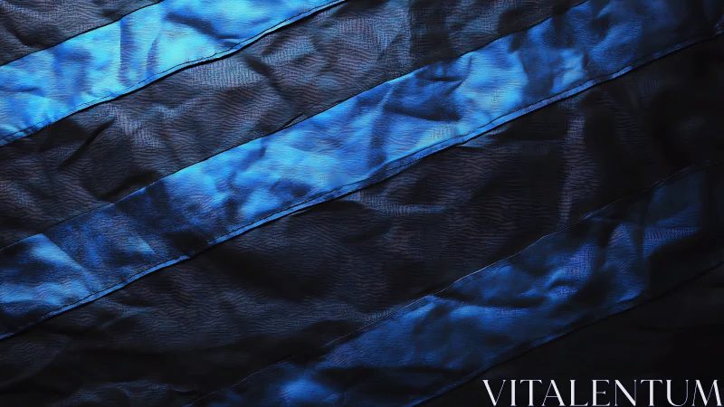 Diagonal blue fabric bands on dark wrinkled textile surface.
