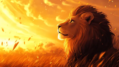 Lion profile in orange sunset field with drifting foliage.