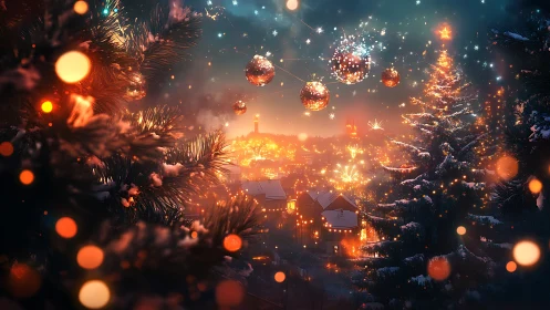 Snow covered town glows beneath floating festive light orbs