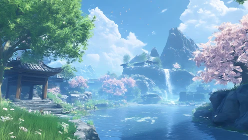 Digital landscape shows river, cherry blossoms, mountains, waterfall