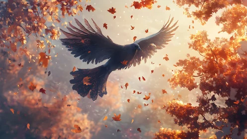 Majestic black bird soaring through autumn leaves, digital art.