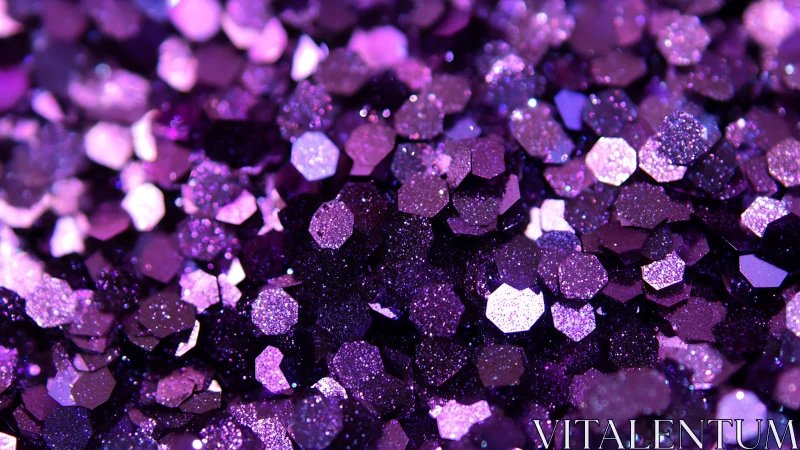 Macro close-up of faceted violet hexagonal glitter bokeh field