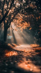 Cinematic forest pathway with autumn bokeh and shafted light.