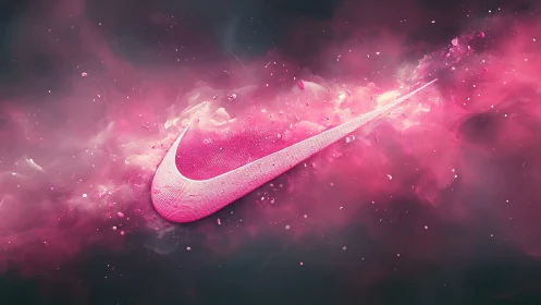 Neon pink swoosh emblem in vaporous cosmic particle cloud