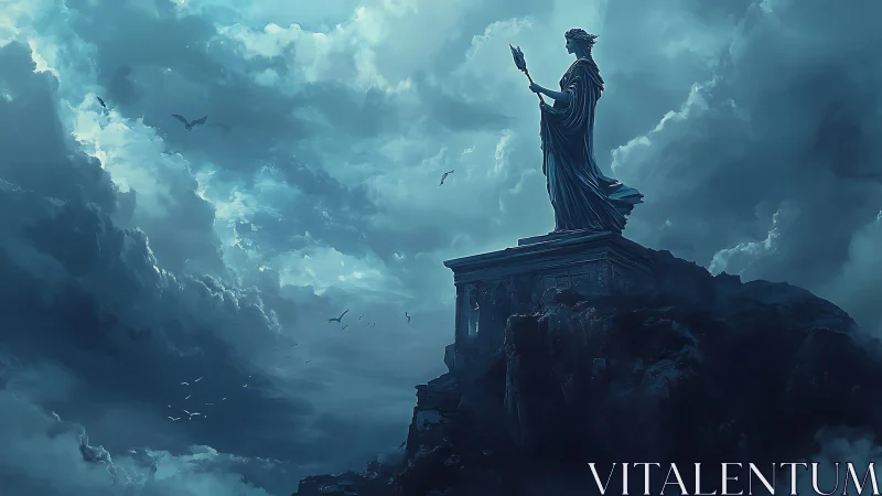 Monumental goddess statue on stormlit cliff in digital painting.
