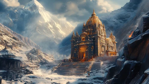 Golden mountain temple in snowy highland landscape at dusk.