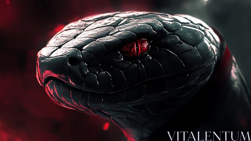Mesmerizing crimson-eyed serpent bathed in dramatic glow.