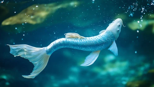 Graceful white koi gliding through a dreamy blue pond.