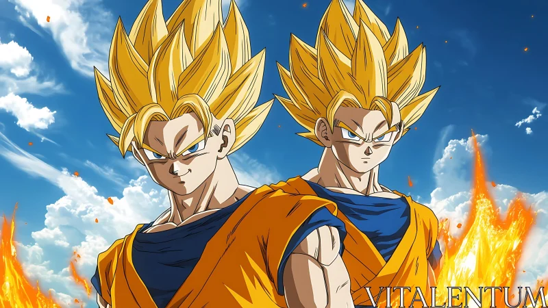 Twin blazing warriors charge beneath a storm-bright sky.