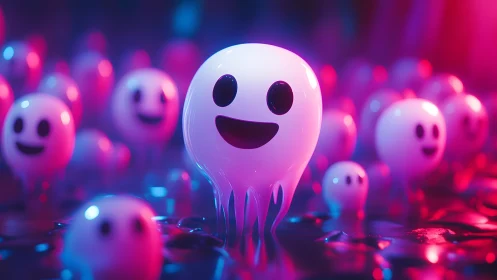 Glowing Happy Ghost Characters in Neon Cartoon Style Illustration.