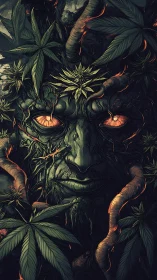 Verdant ember-eyed forest guardian woven in wild leaves.