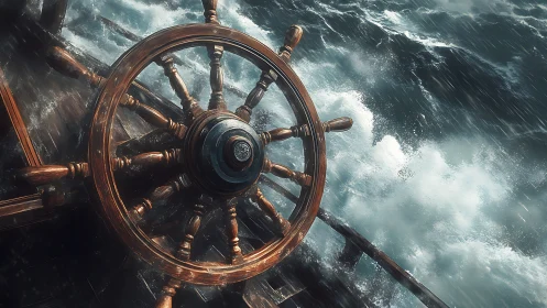 Ship’s wooden wheel holds steady against stormy waves.