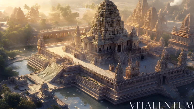 Stone temple complex with waterways in soft morning light.