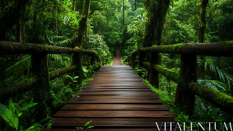 Wooden Boardwalk Through Lush Rainforest Canopy.