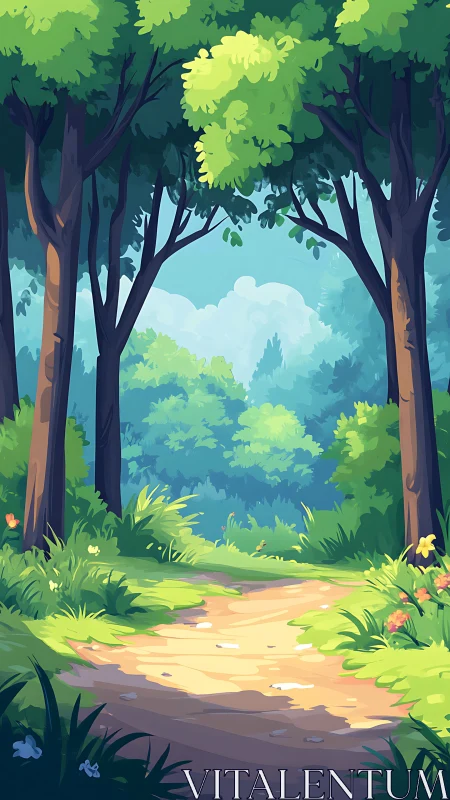 Forest Path Through Ancient Trees and Sunlit Sky