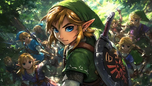 Elf warrior party advances through dense sunlit forest path