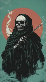 Calm reaper figure wrapped in teal mist and silent smoke.