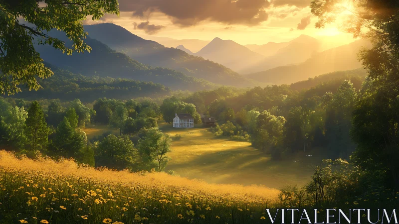 Sunlit country house nestles in misty mountain valley panorama