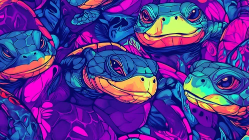 Neon sea turtles rendered in hyper-saturated vector gradients.
