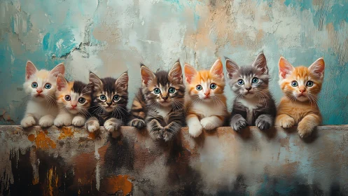 Seven Kittens Lined Up Against Weathered Turquoise Wall.
