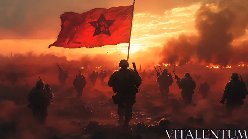 Crimson war banner charging into a fire-soaked horizon.