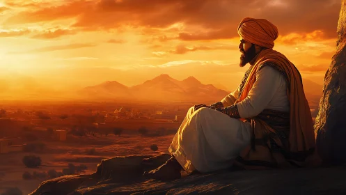 Man in traditional robes watching desert sunset from cliff.