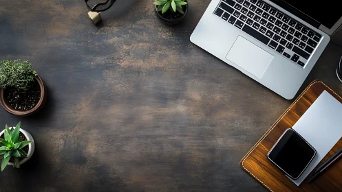 Calm laptop workspace with plotting plants and patient phone.