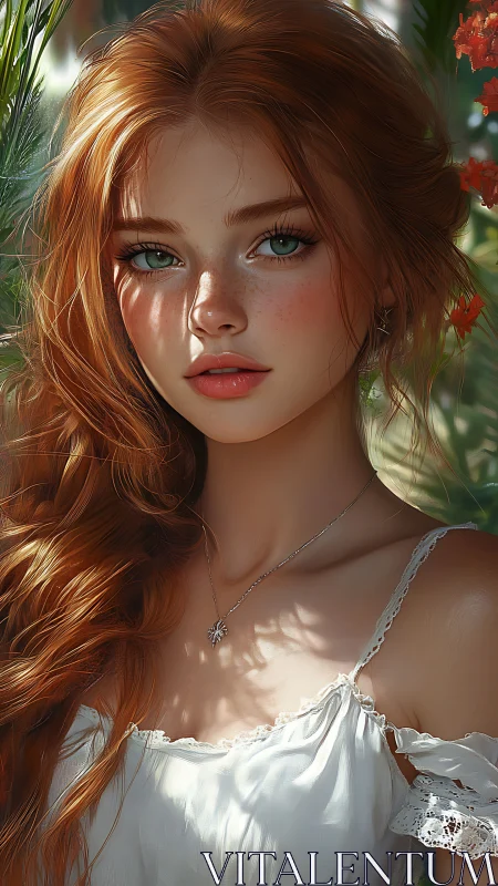Red haired young woman in white dress, digital portrait.