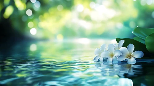 White tropical flowers on reflective water surface outdoors.