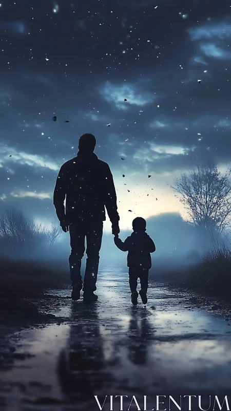 Silhouetted parent and child walking through luminous dusk path.