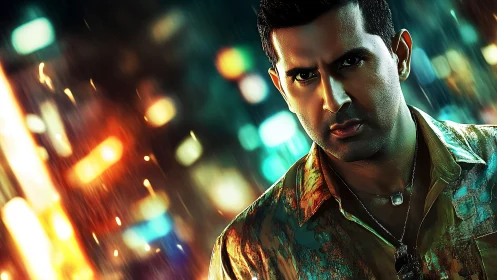 Intense man under neon rain in cinematic city portrait.
