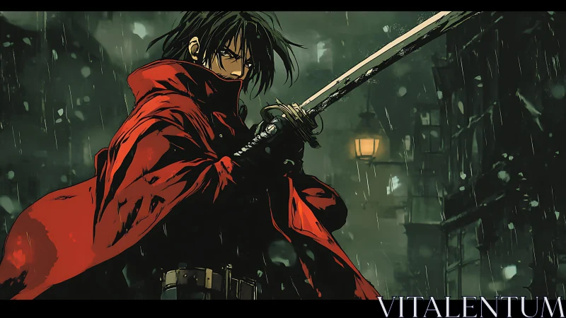 Sword wielding warrior in red coat in rainy city street.